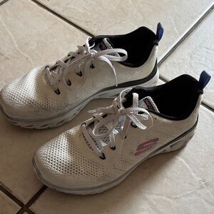 Skechers White Knit Lace-Up Sneakers with Pink Logo Accent